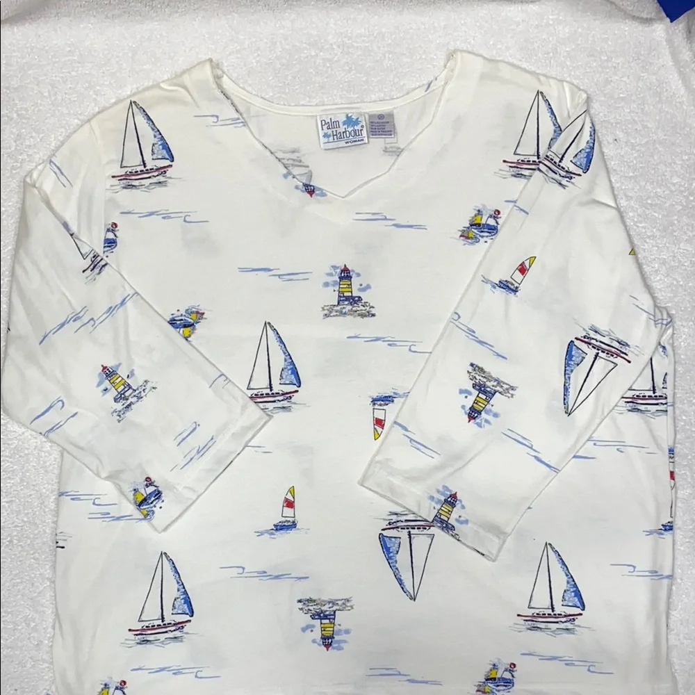 Palm Harbor White Nautical Print lighthouse sailboat vneck pullover 2x - Picture 1 of 7